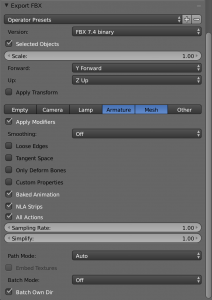 Screenshot showing export to FBX options in Blender